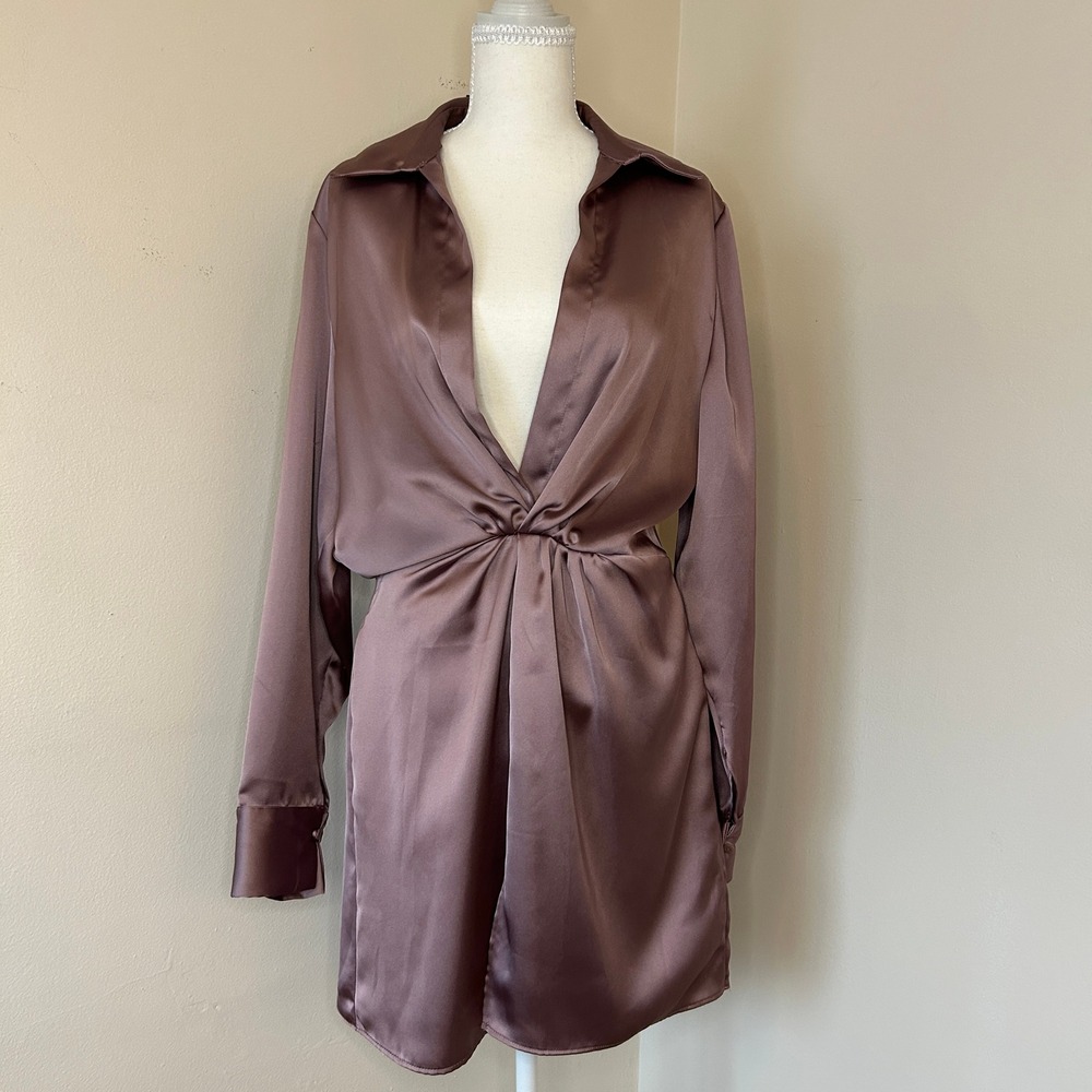 Zara Mauve Pink Satin Twisted Front Mini Shirt Cocktail Dress Small - Picture 12 of 14